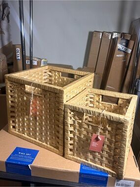Square Wicker Storage Basket Set of 2 for Shelf, Blanket & Toy Organizer